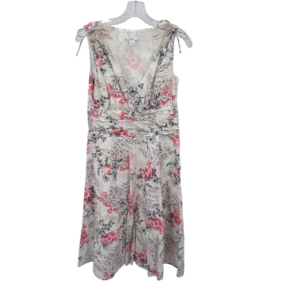 Dress Barn Floral Print Sleeveless V Neck Ruched Babydoll Waist Midi Dress Sz 6